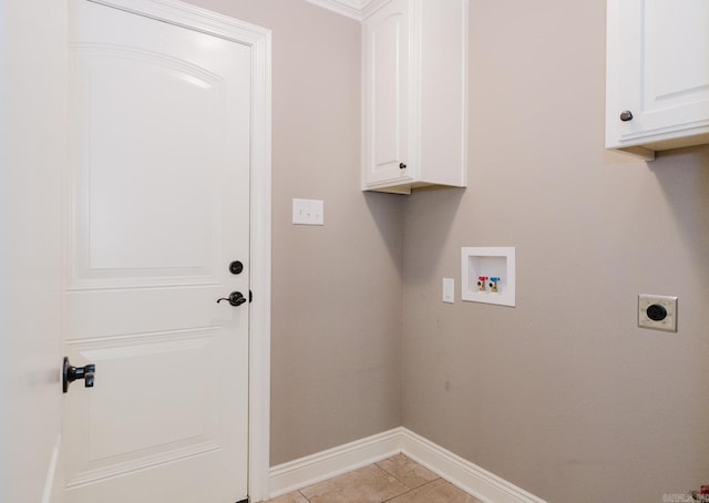 1844 White Oak Cir, Benton, AR 72019 - clothes washing area featuring baseboards, washer hookup, cabinet space, electric dryer hookup, and light tile patterned flooring
