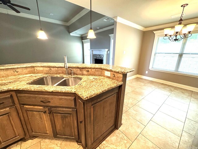 1844 White Oak Cir, Benton, AR 72019 - kitchen with a high end fireplace, a sink, ornamental molding, and baseboards