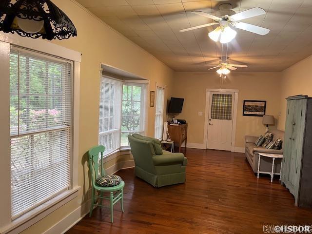 sitting room with ceiling fan, baseboards, and dark wood-style flooring