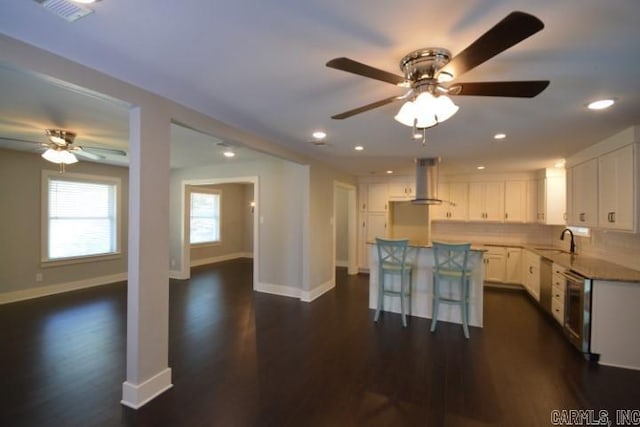 12904 Southridge Dr, Little Rock, AR 72212 - kitchen featuring a ceiling fan, wall chimney range hood, a sink, dishwasher, and dark wood-type flooring