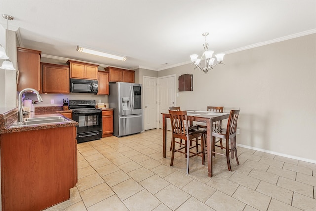 kitchen with a notable chandelier, ornamental molding, black appliances, brown cabinetry, and a sink