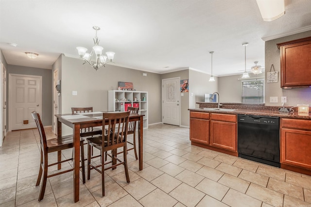 kitchen featuring light tile patterned floors, dishwasher, a sink, dark countertops, and brown cabinets