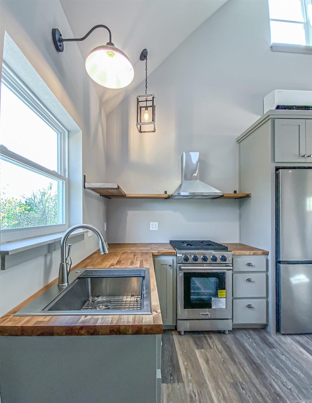 kitchen with a sink, appliances with stainless steel finishes, butcher block counters, and extractor fan