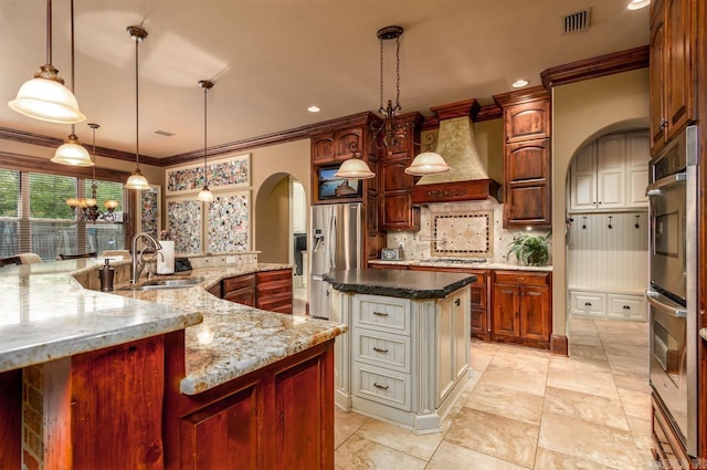 1130 Applewood Dr, Conway, AR 72034 - kitchen featuring custom exhaust hood, an inviting chandelier, stainless steel appliances, arched walkways, and a sink