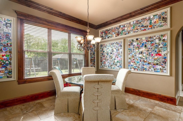 1130 Applewood Dr, Conway, AR 72034 - dining room with a chandelier, light tile patterned floors, baseboards, and crown molding