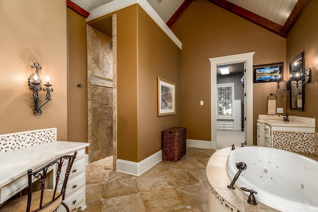 1130 Applewood Dr, Conway, AR 72034 - full bath with vanity, baseboards, vaulted ceiling, a walk in shower, and a tub with jets