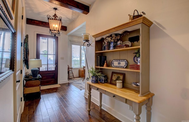 2136 Avondale, Benton, AR 72019 - entrance foyer with beamed ceiling, dark wood-style flooring, baseboards, and an inviting chandelier