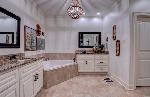 2136 Avondale, Benton, AR 72019 - bathroom featuring a garden tub, an inviting chandelier, a sink, and ornamental molding