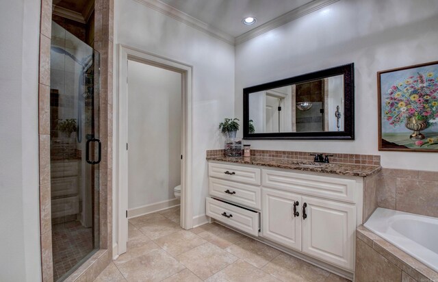 2136 Avondale, Benton, AR 72019 - full bath with crown molding, toilet, a shower stall, and vanity