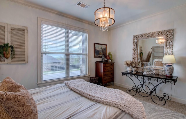 2136 Avondale, Benton, AR 72019 - bedroom featuring crown molding, visible vents, a notable chandelier, and carpet floors
