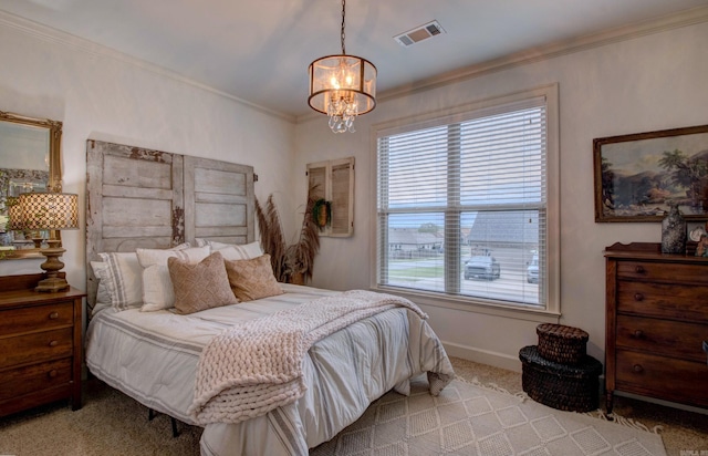 2136 Avondale, Benton, AR 72019 - bedroom featuring visible vents, baseboards, ornamental molding, a chandelier, and carpet flooring
