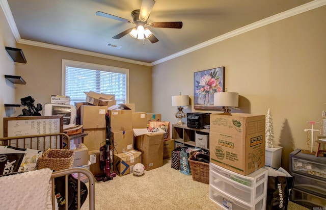 2136 Avondale, Benton, AR 72019 - interior space featuring ceiling fan, ornamental molding, visible vents, and carpet floors