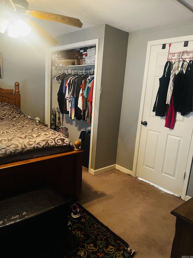 bedroom featuring carpet floors, a closet, a ceiling fan, and baseboards
