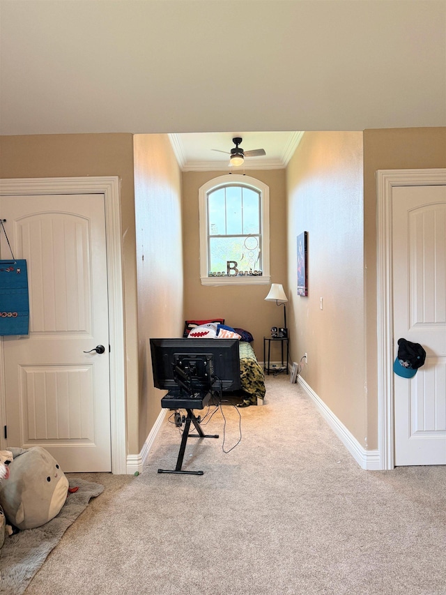 interior space with carpet flooring, baseboards, and ornamental molding