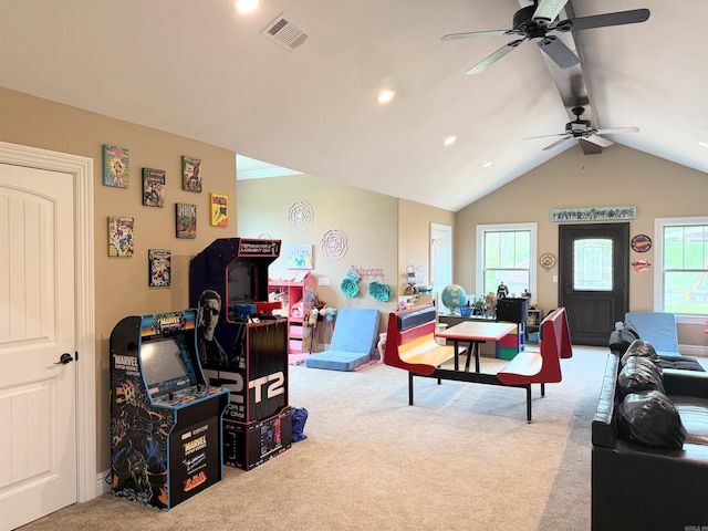 carpeted living room featuring a healthy amount of sunlight, ceiling fan, visible vents, and recessed lighting