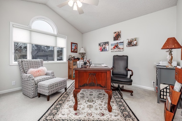 13 Arista Ln, Hot Springs Village, AR 71909 - office area with baseboards, light colored carpet, a ceiling fan, and lofted ceiling