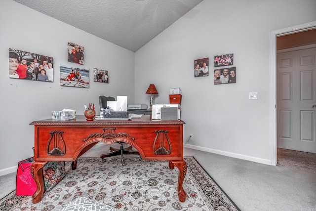 13 Arista Ln, Hot Springs Village, AR 71909 - office with a textured ceiling, carpet flooring, baseboards, and lofted ceiling