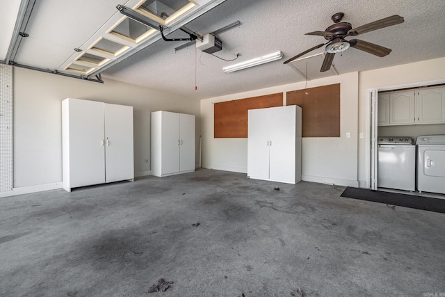 13 Arista Ln, Hot Springs Village, AR 71909 - garage featuring independent washer and dryer, ceiling fan, a garage door opener, and baseboards