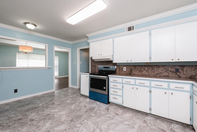 124 Hiawatha Dr, Little Rock, AR 72211 - kitchen with tasteful backsplash, stainless steel electric range oven, crown molding, white cabinets, and under cabinet range hood