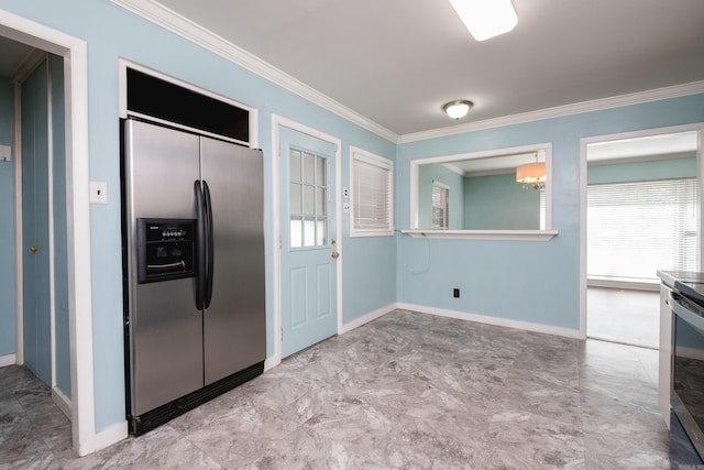 124 Hiawatha Dr, Little Rock, AR 72211 - kitchen with stainless steel fridge with ice dispenser, plenty of natural light, baseboards, and crown molding