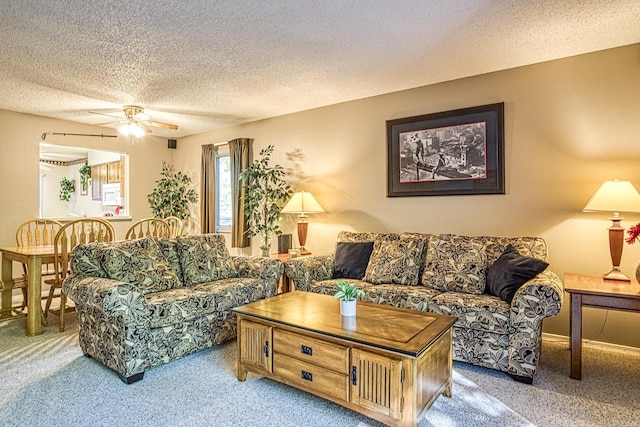 20 Cortez Way, Hot Springs Village, AR 71909 - living room with a textured ceiling, a ceiling fan, and carpet