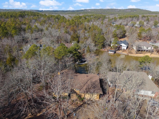 aerial view featuring a water view and a view of trees