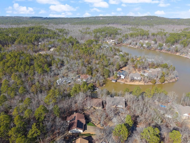 bird's eye view featuring a view of trees and a water view