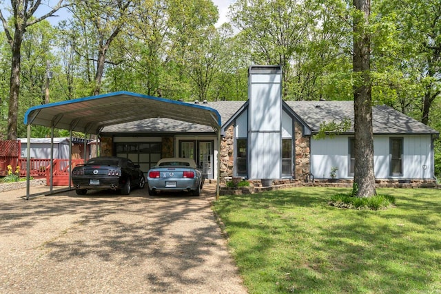 16 Valley Rd, Cabot, AR 72023 - exterior space with aphalt driveway, a carport, roof with shingles, a front yard, and stone siding