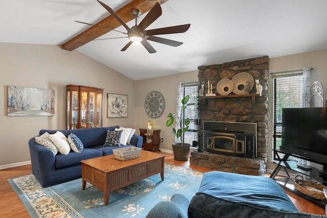 16 Valley Rd, Cabot, AR 72023 - living room featuring vaulted ceiling with beams, baseboards, wood finished floors, and ceiling fan