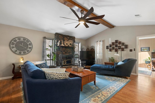 16 Valley Rd, Cabot, AR 72023 - living room featuring visible vents, lofted ceiling with beams, a ceiling fan, and wood finished floors