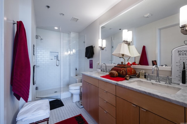 full bath with tile patterned floors, visible vents, a sink, and a stall shower