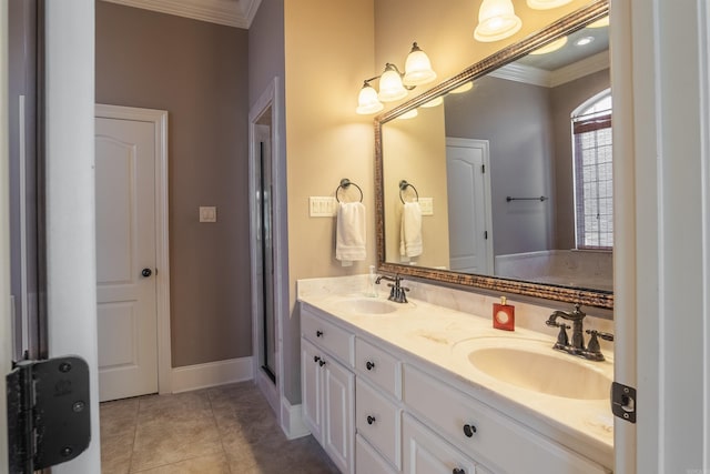 full bathroom with tile patterned flooring, double vanity, a sink, and crown molding