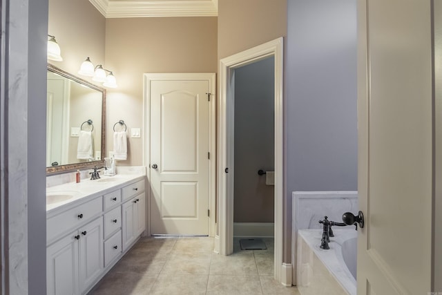 full bathroom featuring double vanity, tile patterned floors, crown molding, a bath, and a sink