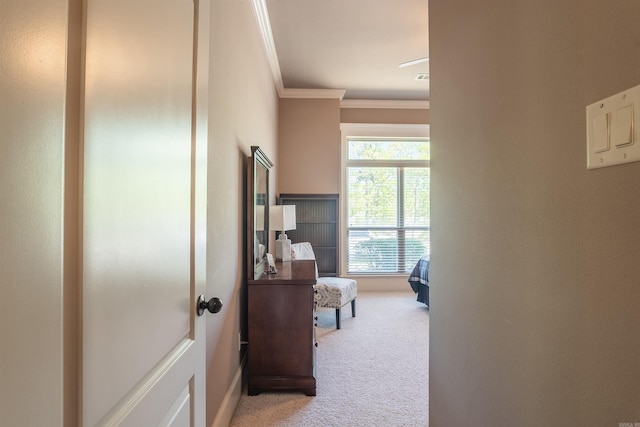 corridor featuring crown molding and carpet floors
