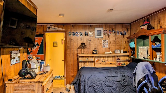 1012 Fairwater Cir, Horseshoe Bend, AR 72512 - bedroom featuring wood walls, tile patterned flooring, and visible vents