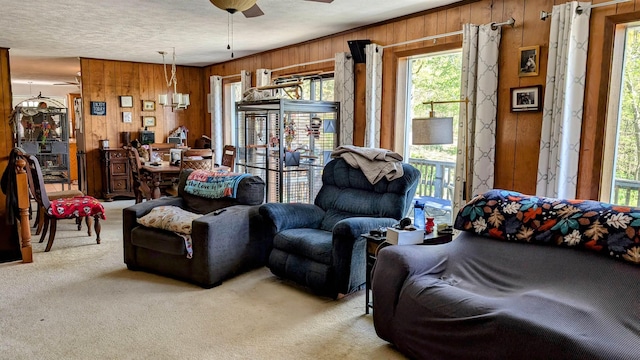 1012 Fairwater Cir, Horseshoe Bend, AR 72512 - carpeted living room featuring wood walls and plenty of natural light