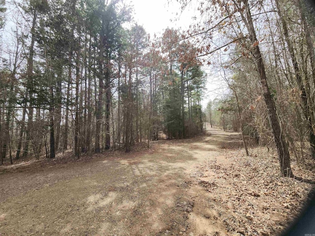 view of road with a wooded view
