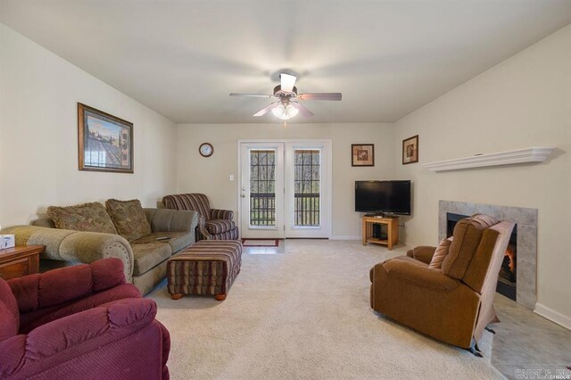 1100 Woodlawn Ave Unit K-61, Hot Springs, AR 71913 - living room featuring a high end fireplace, ceiling fan, baseboards, and carpet floors