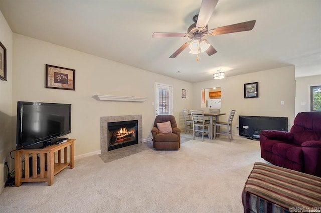 1100 Woodlawn Ave Unit K-61, Hot Springs, AR 71913 - living area with baseboards, a ceiling fan, light colored carpet, and a fireplace