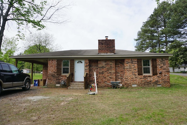 ranch-style house featuring brick siding, entry steps, crawl space, and a chimney