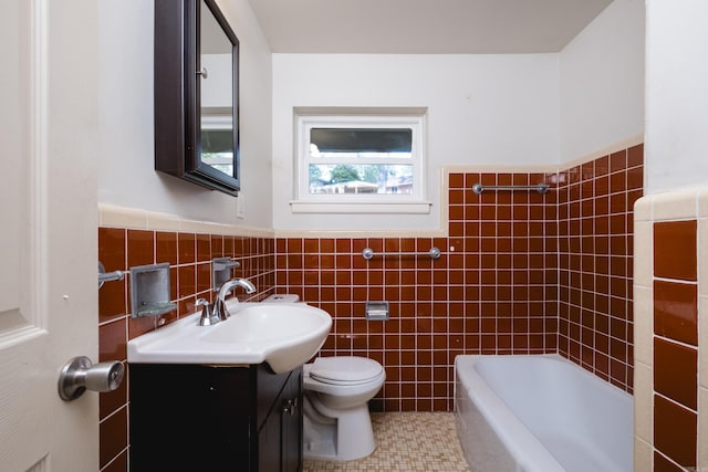 6 Broadmoor Dr, Little Rock, AR 72204 - bathroom featuring vanity, tile patterned flooring, toilet, wainscoting, and tile walls