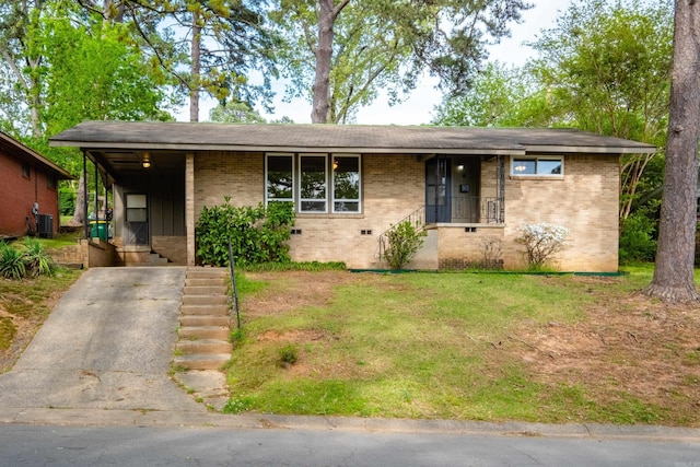 6 Broadmoor Dr, Little Rock, AR 72204 - ranch-style home featuring a carport, driveway, a front lawn, brick siding, and central AC unit