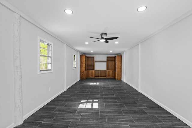 empty room with recessed lighting, baseboards, and ceiling fan