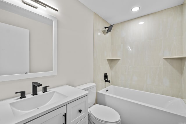 bathroom with recessed lighting, vanity, shower / tub combination, and toilet