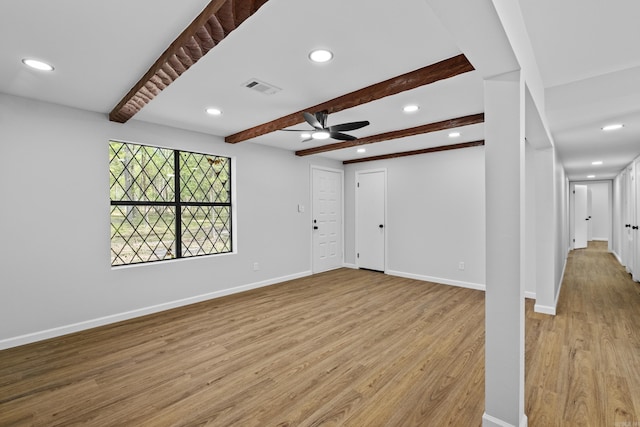 unfurnished living room with light wood-style floors, ceiling fan, visible vents, recessed lighting, and beam ceiling
