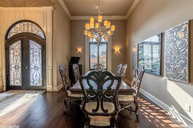 6550 Westminster, Benton, AR 72019 - dining space featuring baseboards, an inviting chandelier, crown molding, dark wood-type flooring, and french doors