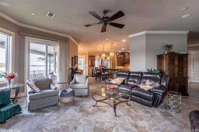 6550 Westminster, Benton, AR 72019 - living room with crown molding, ceiling fan, visible vents, and recessed lighting