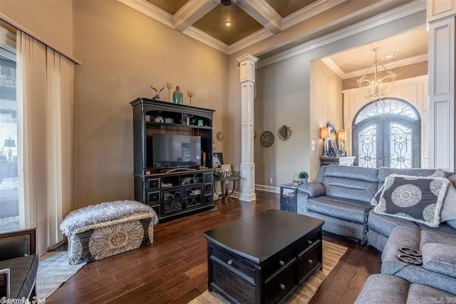 6550 Westminster, Benton, AR 72019 - living room featuring dark wood-type flooring, ornamental molding, and ornate columns