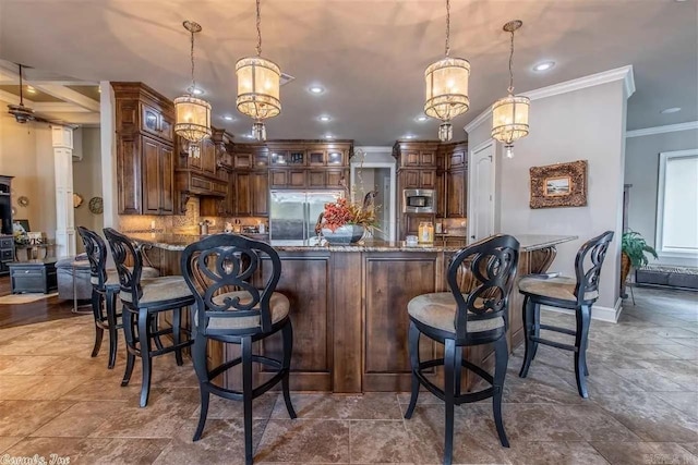 6550 Westminster, Benton, AR 72019 - bar with baseboards, built in appliances, crown molding, recessed lighting, and backsplash