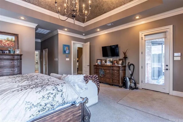 6550 Westminster, Benton, AR 72019 - bedroom featuring a chandelier, crown molding, visible vents, a tray ceiling, and light colored carpet